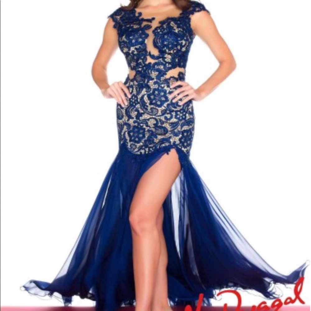Royal blue Mac Duggal lace backless gown